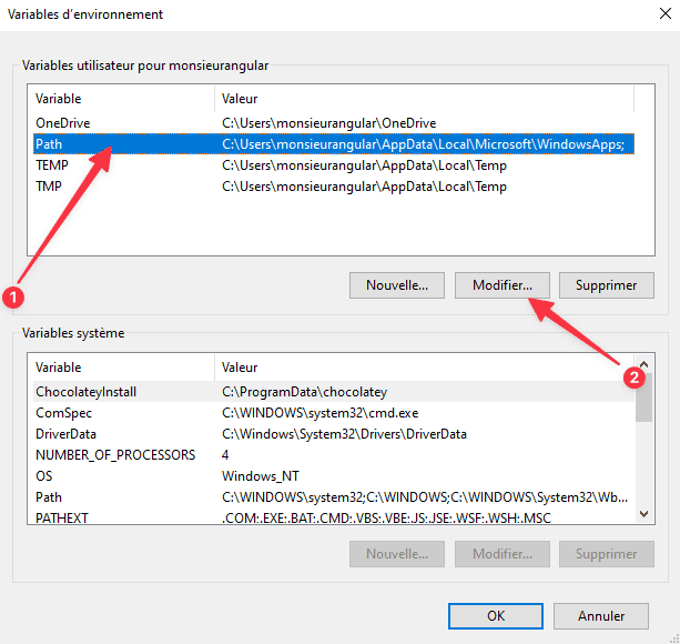 Ouvrez la boite de dialogue qui permet de modifier la variable d'environnement `Path