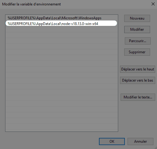 Collez le chemin du dossier qui contient Node.js